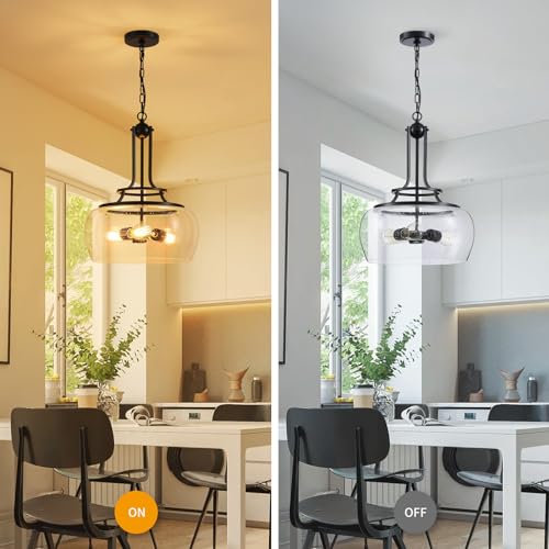 WUZUPS Chandelier Rustic Farmhouse Industrial Round Ceiling Pendant LED Light Fixture Clear Seeded Glass Shade for Dining Room Kitchen Island Foyer Entryway, H 20.9" x W 15.9", Black - color: Pendant Light, Black, 3-Light, size: H 20.9" * W 15.9"