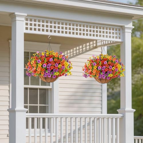 Artificial Faux Hanging Flowers Plants with Basket for Outdoor Spring Decoration, Fake Silk Daisy Outside Indoor UV Resistant Look Real Yard Patio Front Porch Garden Balcony Home Summer Decor(Mix2) - color: Red Orange Yellow Purple