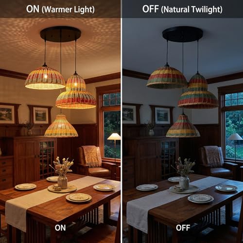 Farmhouse Rattan Pendant Light 3-Lights Woven Chandelier Boho Hanging Light Fixture Multicolor Basket Wicker Shade Rattan Chandelier for Kitchen Dining Room Living Room, DIY, Adjustable Height - color: Rattan -3-Light, Multicolor