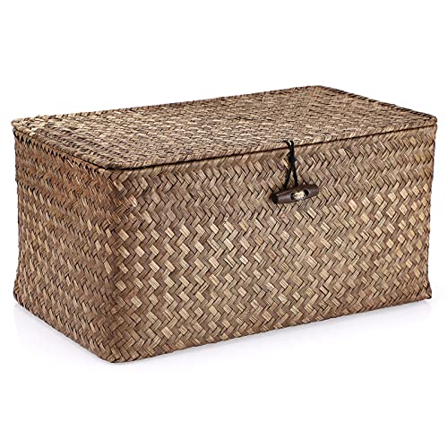 Hipiwe Wicker Shelf Baskets Bin with Lid, Handwoven Seagrass Basket Storage Bins Rectangular Household Basket Boxes for Shelf Wardrobe Home Organizer, Coffee Medium - color: Coffee, size: Medium