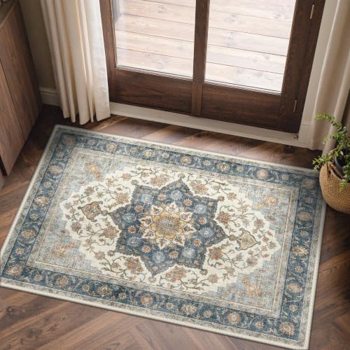 GENIMO Area Rug 2x3 Doormat, Machine Washable Low Pile Rugs, Small Retro Entryway Mat for Entrance, Hallway, Kitchen and Corridor, Vintage Blue Medallion - color: Vintage Blue Medallion, size: 2' x 3' (Rectangular)