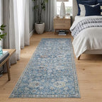 Bloom Rugs Caria Washable Non-Slip 7 ft Runner - Blue/Beige Traditional Runner for Entryway, Hallway, Bathroom, and Kitchen - Exact Size: 2'6" x 7' - color: Blue / Beige, size: 2'6" x 7' (Runner)