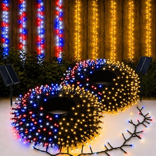 Forlivese 2 Pack Red White and Blue Solar String Lights Outdoor, 240 LED 4th of July Lights with 11 Modes, 2 Festival Color Patriotic Lights Waterproof for Independence Day Christmas, RWB & Warm - color: Red White Blue & Warm White, size: 120LED*2pcs-sola
