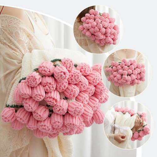Flower Bouquet Blanket, Birthday Gifts for Mom Teacher Women Grandkids Wife Girlfriend Her, Crochet Flower Blanket, Soft Knitted Throw Blankets for Teacher Appreciation Housewarming Gifts (Pink roses) - color: A-pink Roses