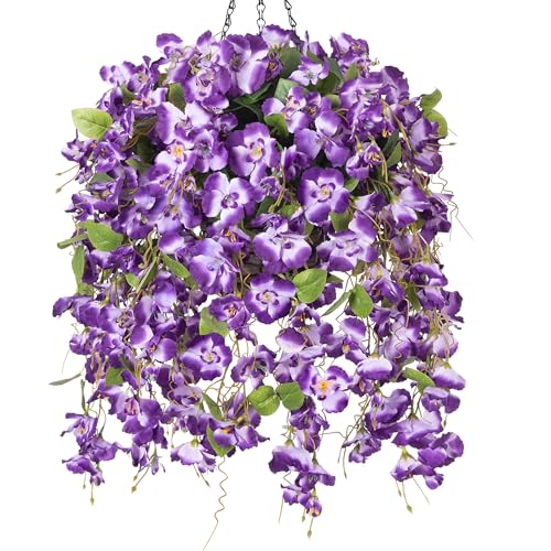 Artificial Fake Hanging Hibiscus Flowers Plants Baskets for Outdoor Decoration, Faux Silk Hibiscus Long Vines in Planter UV Resistant Realistic Flowers for Outside Porch Patio Home Decor, Darkpurple - color: Darkpurple