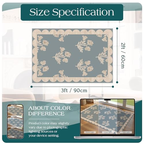 Front Door Mat Outside Entrance - 2x3 Floral Non-Slip Washable Doormat Indoor Outdoor Mat Blue Retro Farmhouse Scalloped Entry Rug Small Throw Rugs for Entryway Kitchen Front Porch Decor - color: Flower - Haze Blue, size: 2' x 3' (Rectangular)