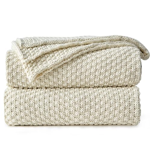Longhui bedding 100% Cotton Knitted Throw Blanket – Cream, Soft & Cozy, Machine Washable, 60"x80" – Perfect for Living Room, Couch, Sofa, Bed or Travel - color: Cream, size: 60" x 80", Oversized