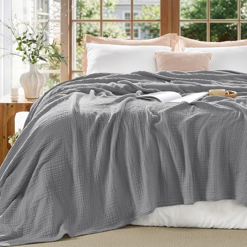 BEDELITE 100% Cotton Muslin Blankets for Adults - 4-Layer King Size Breathable and Lightweight Gauze Blanket for Couch, Bed, Travel and Summer, Soft & Cozy Gift for Women, Grey, 108"x90" - color: Grey, size: King(108"x90")