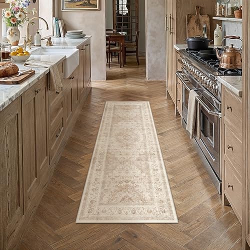 2x5 Beige Washable Vintage Area Rug for Living Room Bedroom Soft Tranditional Non Slip Runner Rug Lightweight Floral Low Pile Distressed Carpet Hallway Kitchen Bedroom Entrance - color: Vintage | Beige, size: 2'x5'