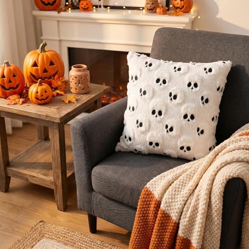 Halloween Throw Pillow Covers 18 in x 18 in, White Jacquard Plush Faux Fur Pillow Cases Embroidered Skull Couch Covers Set of 2 - color: White Skull