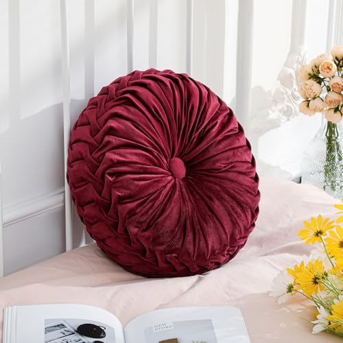 Drydiet 1 Pcs Round Throw Velvet Pillows Decorative Pleated Throw Pillows Diameter Accent Pumpkin Boho Chair Cushion for Couch Sofa Home Decoration (Burgundy,15'') - color: Burgundy, size: 15''