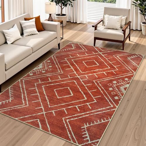 LIVEBOX Western 5x7 Area Rug, Washable Orange Rugs for Living Room Bedroom, Soft Non Slip Moroccan Tribal Rug Geometric Boho Area Rugs Diamond Carpet for Dining Room Home Office Decor (Brick Red) - color: Brick Red, size: 5‘ x 7'