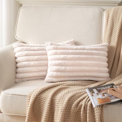 DEELAND Pack of 2,Double-Sided Faux Fur Plush Decorative Throw Pillow Covers Fuzzy Striped Soft Pillowcase Cushion Covers for Sofa Couch Bedroom Beige 12x20 inch - color: Beige, size: 20" x 12" (Pack of 2)