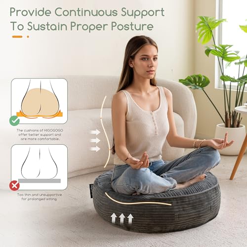 HIGOGOGO 6" Extra Thick Floor Pillow Cushion for Adults, Meditation Cushion Pillow, Large Round Floor Sitting, Tufted Corduroy Cover, for Tatami Living Room or Yoga, 22x22 Inch, Dark Grey - color: Round Dark Grey, size: 6" Thick(Pack of 1)