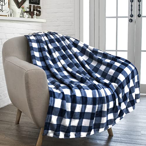 PAVILIA Buffalo Check Fleece Throw Blanket | Blue White Checkered Plaid Flannel Blanket | Soft Velvet Lightweight Microfiber Blanket for Couch Sofa | 50x60 Inches Checker Navy - color: Checker Navy, size: 50 x 60 Inches - Throw