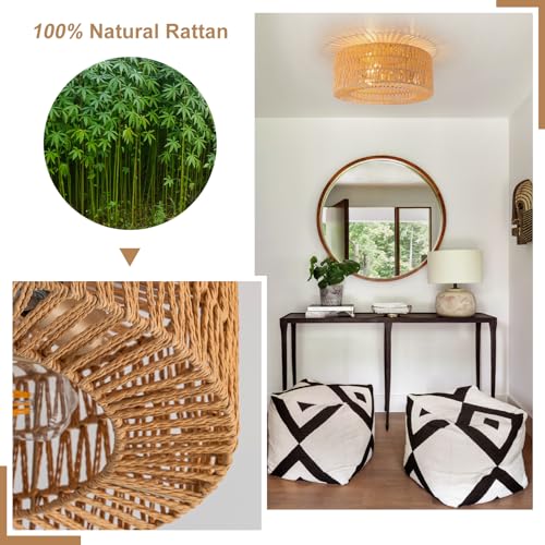 SineRise Flush Mount Ceiling Light (18-Inch, LED Bulb Included), Hand-Woven Boho Rattan Ceiling Light Fixture, 3-Light Rattan Chandelier for Hallway Kitchen Farmhouse Foyer Entryway Living Room(Gold) - color: Gold, size: Large