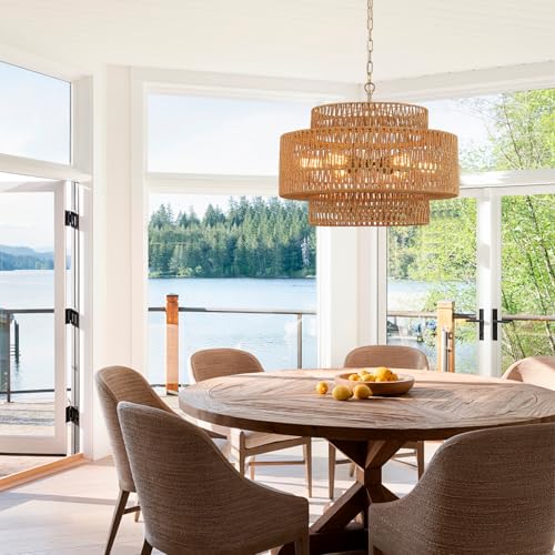 23.6" Gold Rattan Chandelier, 6-Light Hand-Woven Wicker Drum Chandelier, 3-Tier Boho Farmhouse Light Fixture for Dining Room,Kitchen Island,Living Room,Bedroom - color: gold 23.6"