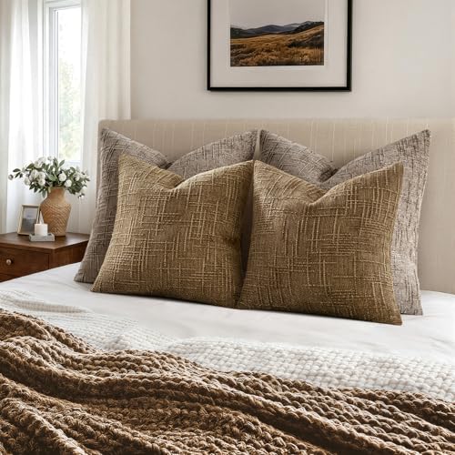 MIULEE Textured Throw Pillow Covers Thick Chenille Decorative Pillows Bronze 20x20 Inch Set of 2 Modern Boho Farmhouse Home Decor Neutral Cushion Covers for Couch Sofa Living Room Bedroom - color: Bronze, size: 20" x 20" (Pack of 2)
