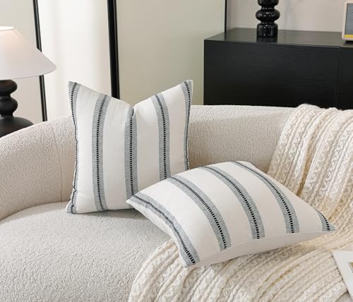 Cethom Boho Throw Pillow Covers 20x20 Set of 2, Beige and Black Striped Decorative Pillow Cases for Couch Chair Bed, Textured Farmhouse Accent Cushion Covers for Living Room Bedroom Sofa Home Decor - color: Black, size: 20" x 20" (Pack of 2)