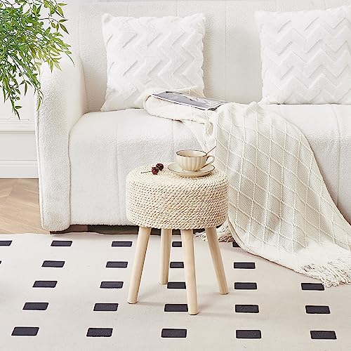 Cpintltr Footstool Ottoman Round Natural Seagrass Foot Stool Pouf Ottomans with Solid Wood Legs Hand Weave Footrest Step Stool for Living Room Bedroom Balcony Garden Natural - color: Natural