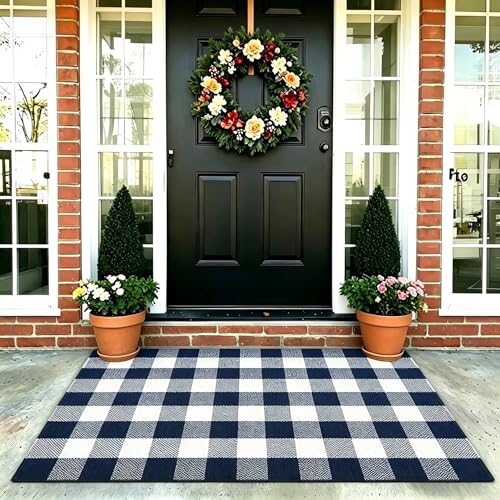 MUBIN Cotton Buffalo Plaid Rug, 3' x 5' Navy Blue White Outdoor Rug Front Door Decorative Mat, Washable Doormat Foldable Area Rug Layered Door Mats Rug for Front Porch, Entryway, Patio - color: Navy Blue White Plaid, size: 3' x 5' (Rectangular)