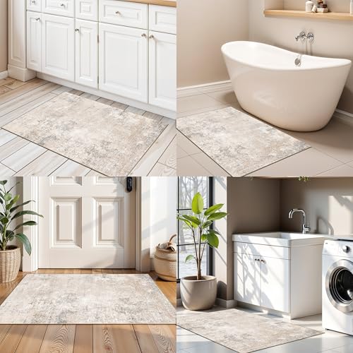 2x3 Washable Non-Slip Rug – Modern Abstract Neutral Small Throw Area Rug for Kitchen, Entryway, Bedroom – Soft Low Pile Thin Indoor Door Mat (Beige Grey, 2x3) - color: Beige Grey, size: 2' x 3' (Rectangular)