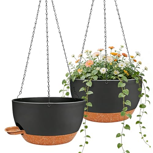 12 Inch Self Watering Hanging Planters 2 Pack, Indoor Outdoor Hanging Pots for Plants with Drainage Holes & Saucers, Black Brown Plastic Hanging Baskets for Kitchen Balcony Garden - color: Black Brown