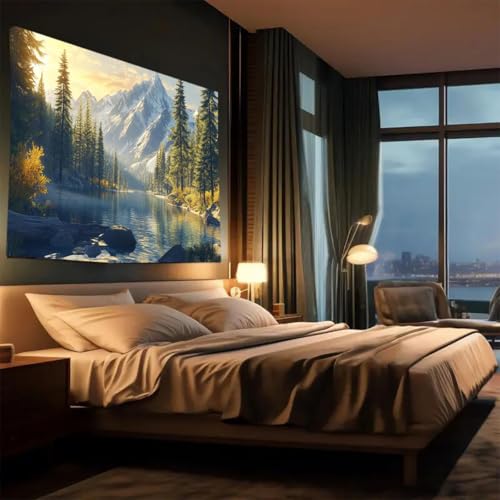 FENDROM Tranquility Lake Snow Mountain Scenery Tapestry Wall Hanging, Nature Forest Plant Trees Pictures Art Wall Tapestries Blanket for Bedroom Living Room Dorm Decor - color: Yellow, size: 59"L x 51"W