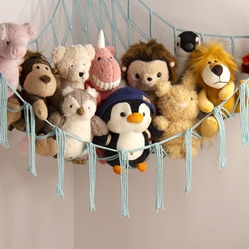 Stuffed Animal Hammock-Large Stuffed Animal Net For Toys Corner-Hanging Stuff Animal Toy Storage Organizer For Plush Plushie Display Light Blue Girl Room Bedroom Boho Nursery Decor Toy Storage - color: LightBlue, size: Standard(41.5"L x 55.2"W x 41.5"H)