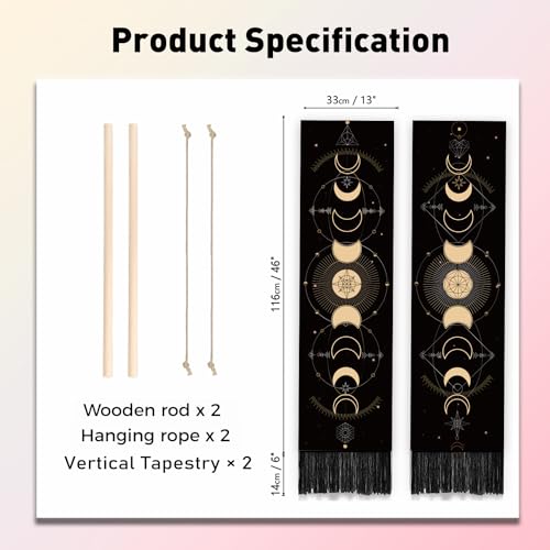 PLIGREAT 2 Pack Moon Phases Tapestry Vertical Wall Hanging with Tassels Aesthetic Wall Tapestry for Bedroom Bathroom Living Room Dorm Room Long Narrow Home Art Hanging Decor Housewarming Gift - color: Black and Gold