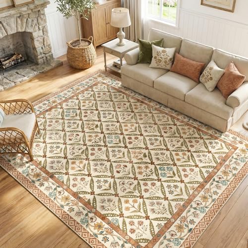 jinchan Haden 8x10 Large Area Rug for Living Room Vintage Floral Cottage Rug Soft Non-Slip Low Pile Washable Bedroom Dining Room Home Decor Girls Dorm Carpet Terracotta - color: Terracotta, size: 8' x 10' (Rectangular)