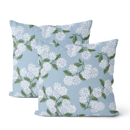 Light Blue Pillow Covers 16x16 Inch 2 Pcs Blue Green Hydrangea Flower Decor Throw Pillows Vintage Floral Seasonal Spring Summer Outdoor Decoration Pillowcase Linen Cushion Cover for Couch Sofa - color: Light Blue Hydrangea, size: 16" x 16" (Pack of 2)
