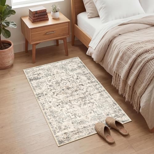 GarveeHome Washable Area Rug 2x3 Entryway Rug Vintage Distressed Small Rugs Floral Doormat Non Slip Low Pile Throw Carpet for Bedroom Kitchen Laundry Beige - color: Beige, size: 2' x 3' (Rectangular)