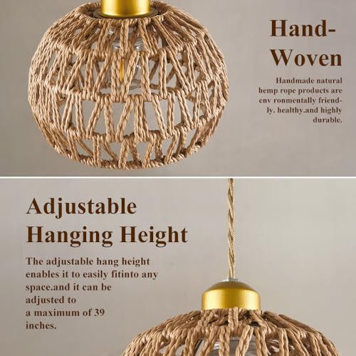 Boho Rattan Pendant Light, Adjustable Hanging Light Fixture with Natural Woven Shade, E26 Base Compatible for Kitchen Island, Bedroom, Living Room (Bulb Not Included) - color: 7.5”hemispherical shaped
