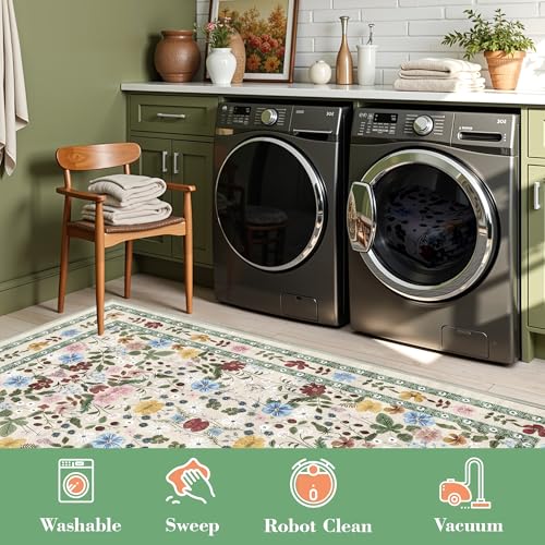 Deerly Extra Large Floral Washable Area Rug 10x14 for Living Room Vintage Soft Low Pile Indoor Carpet for Bedroom Boho Non-Slip Floor Mat for Dining Room Playroom Farmhouse, Beige/Green/Multi - color: Beige/Green/Multi, size: 10' x 14' (Rectangular)
