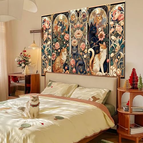 Apdidl Boho Floral Cute Wall Tapestry for Bedroom, Vintage Flower Cat Wall Hanging, Bohemian Style Orange and Black Cats Funny Tapestries, Animal Painting Art Poster for Girls Room Dorm Beach Decor (60" X 79") - color: Boho Wall Tapestry, size: 79"L x 60"