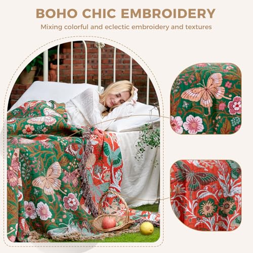 LUTBM Boho Throw Blanket for Couch Sofa Chair Cotton Summer Blankets for Bedroom Living Room All Season Lightweight Reversible Butterflies Embroidery Throws 50"x60" - color: Butterflies Green, size: 50"×60"