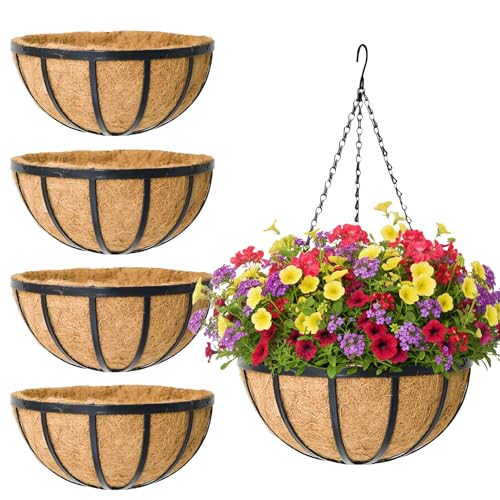 4 Pack 14 Inch Round Hanging Basket with Coco Liners， Metal Hanging Baskets for Plants Outdoor， Hanging Planter with Chain Garden Products for Outdoor, Porch, Lawn, Garden - size: 14 Inch