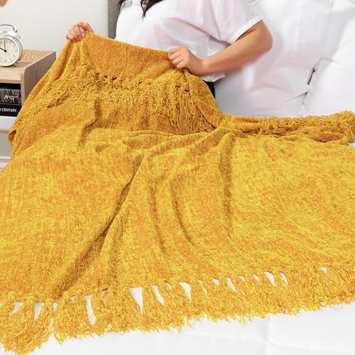 PAVILIA Mustard Yellow Chenille Blanket for Twin Size Bed, Soft Gold Knit Throw with Decorative Tassel Fringe, Blanket for Sofa Couch Living Room Decor Gift, Yellow Twin 60x80 - color: Mustard Yellow, size: 60 X 80 Inches - Twin