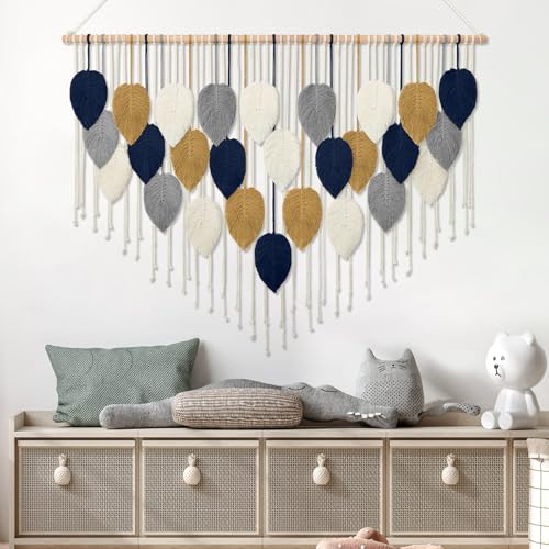 Macrame Wall Hanging, Boho Handmade Woven Leaf Tapestry, Chic Wall Art Decor for Bedroom Living room Nursery Apartment Ornament (51.5" W x 33.5" L) - color: Dark Blue-51.5"W x 33.5"L