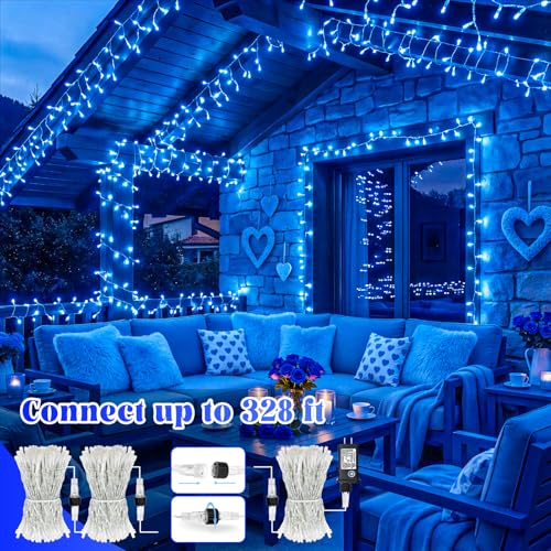 100FT 300 LED Outdoor String Lights, Plug in Connectable Christmas Lights Indoor, Waterproof 8 Modes String Lights for Outside House Room Wedding Patio Garden Holiady Decorations, Blue - color: Blue, size: 100ft 300LED
