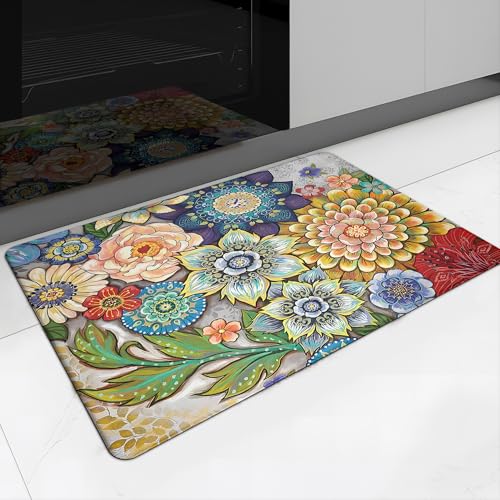 Floral Kitchen Rug Mat for Floor Boho Cushioned Anti-Fatigue Mat Non-Slip Standing Desk Waterproof Comfort Floor Mat for Sink, Office, Laundry, 17.3x28 Inch - color: Colorful Boho Floral, size: 17.3"x28"-0.40Th