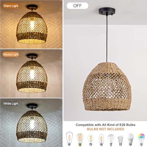 Boho Rattan Pendant Lights 13.8IN Farmhouse Dining Room Light Fixtures Hand-Woven Seagrass Chandelier Coastal Wicker Hanging Lighting for Kitchen Island Entry Living Room Bedroom Foyer Restaurant - color: Coffee-C