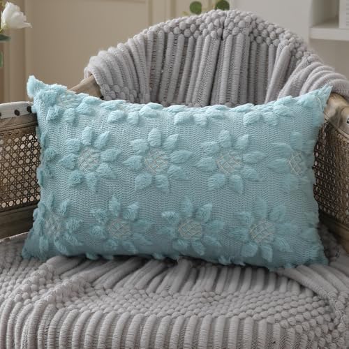 DFXSZ Spring Summer Pillow Covers 12x20 inch Set of 2 Farmhouse Decor White Flower Heart Sunflower Blue Soft Plush Faux Fur Jacquard Throw Pillows for Sofa Holiday Spring Home Decor PTK024G12 - color: Blue, size: 20" x 12" (Pack of 2)