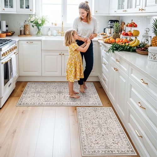 Kitchen Rugs Non-Slip Washable 2 Piece, Modern Boho Low Pile Stain-Resistant Floor Mats Set for Hardwood Floors, Soft Small Decorative Rugs (Beige, 2x3+2x4) - color: Beige, size: 2' x 3' + 2' x 4' (Rectangular)