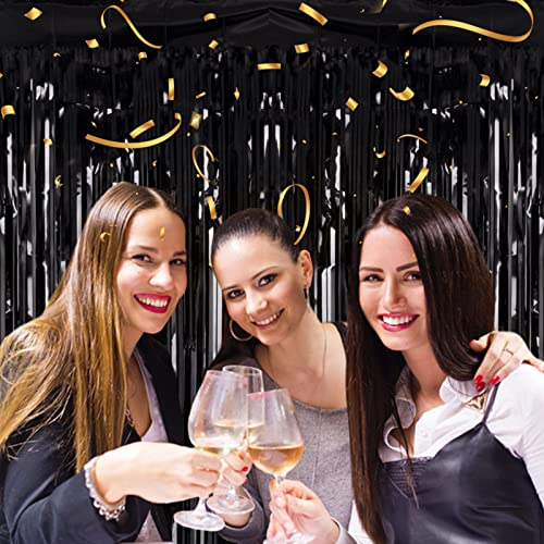 2 Pack 3.2ft x 8.2ft Black Tinsel Foil Fringe Curtains, Metallic Foil Tinsel Photo Booth Backdrop Streamer for New Years Decorations Halloween Bachelorette Birthday Holiday Celebration Party Supplies - color: Black