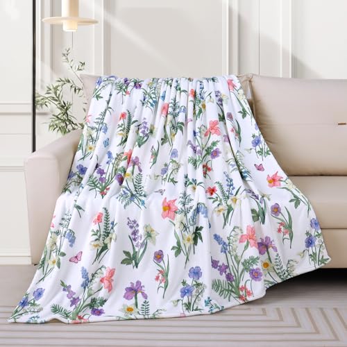 Spring Floral Flower Throw Blanket Wildflower Butterfly Blankets Green Plant Leaf Flannel Fleece Bed Blanket Soft Cozy Fuzzy Throw Blanket for Women Couch 50” x 60” - color: Purple, size: 50" X 60"