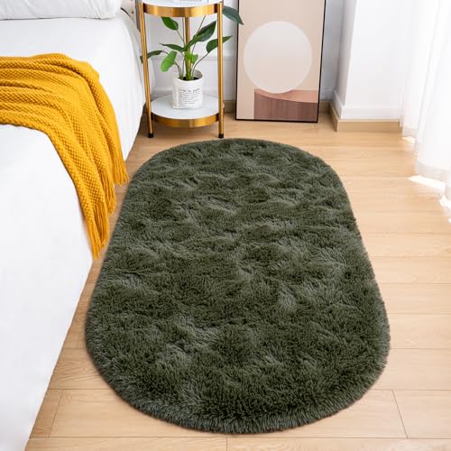 Goideal Fluffy Bedroom Rug, Small Oval Area Rugs, Olive Green Shag Bedside Carpet for Kids Room Nursery Dorm Cute Fuzzy Indoor Decor for Boy and Girl, 2.6 x 5.3 Feet - color: Olive Green