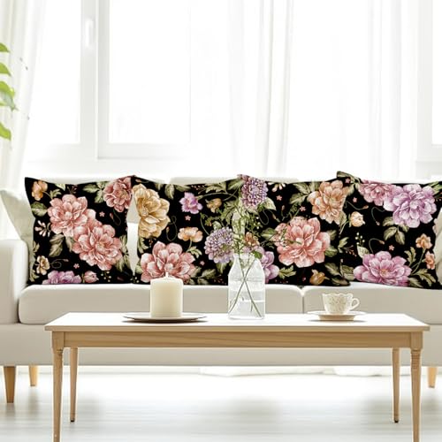 Black Flower Throw Pillow Covers,Vintage Floral Decorative Velvet Pillow case,Gothic Flowers Pattern 4-Pack Double-Side Printed Pillowcases for Sofa Home Living Room, 16x16 in - color: Black, size: 16" x 16" (Pack of 4)