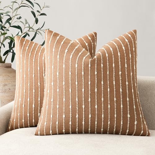 Foindtower Pack of 2 Decorative Jacquard Boucle Throw Pillow Covers Accent Textured Striped Pillowcases Cozy Modern Cushion for Couch Sofa Bedroom Living Room Home Decor 18x18 Inch Rust Tobacco - color: Tobacco, size: 18" x 18" (Pack of 2)